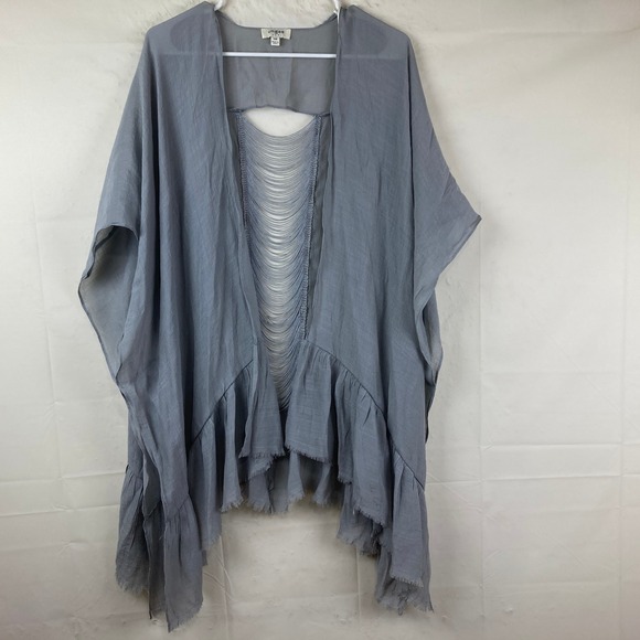 Umgee Kimono Wrap Womens S/M Blue Gray Fringe Back Ruffle Boho Festival Beach - Picture 2 of 7
